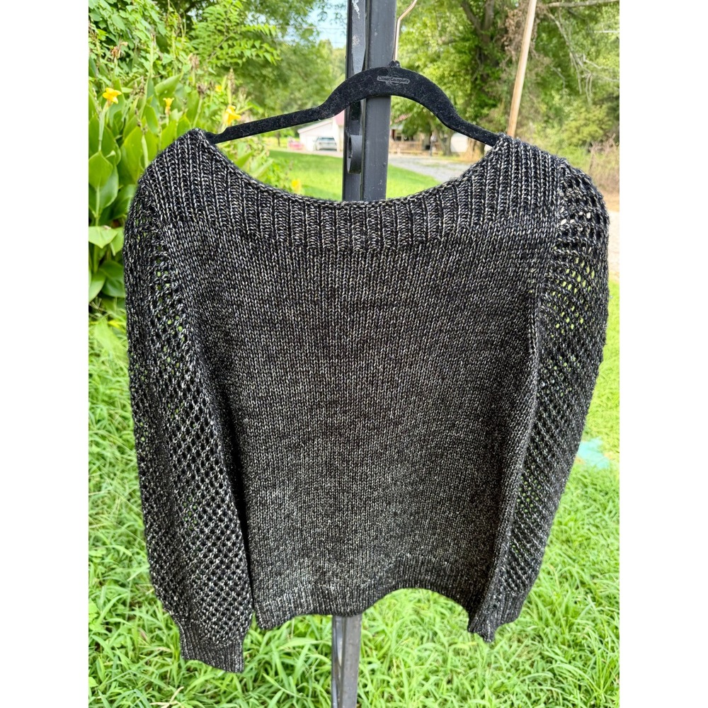Tommy Bahama Womens Black Gold Metallic Wool Blend Mesh Sleeve Sweater Medium